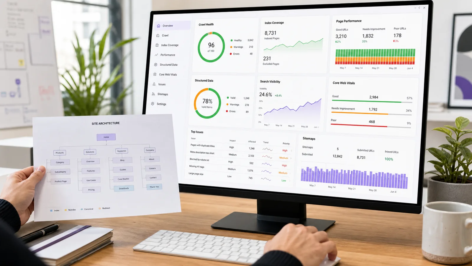 Technical SEO audit and search visibility dashboard